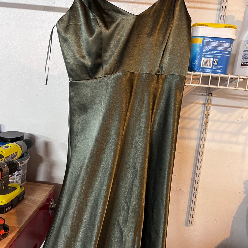 Birds Grey shiny satin Olive Green Bridesmaids dress - Picture 4 of 5